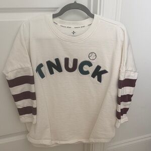 Tuckernuck Cream Pullover with Maroon Sleeve Stripes and Dark Green Logo